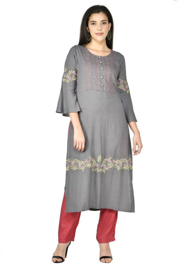 Women's Grey Cotton Rayon Embroidery Kurta Set