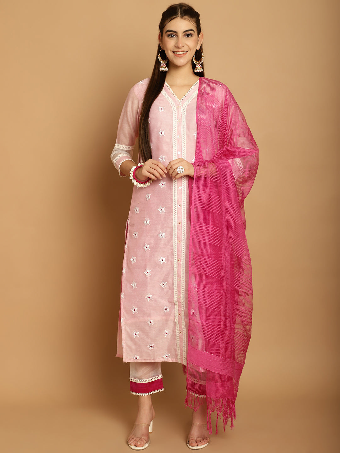 Women's Pink Chanderi Trouser Dupatta Set - Taantav