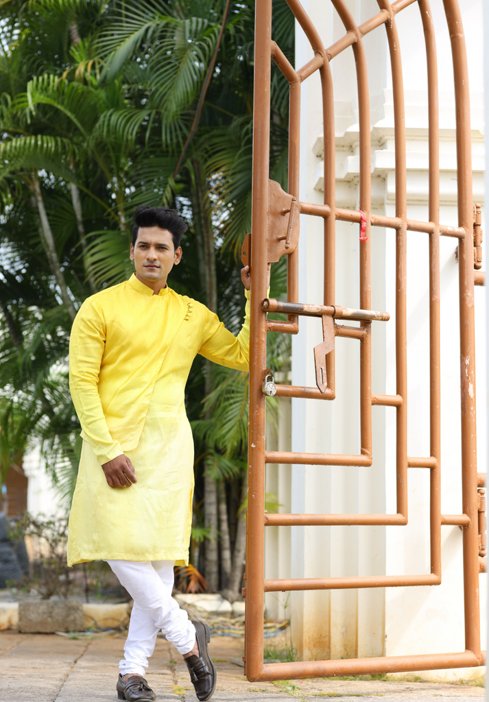 Men's Yellow Color Inari Front Slit Yellow Ombre Kurta Silk