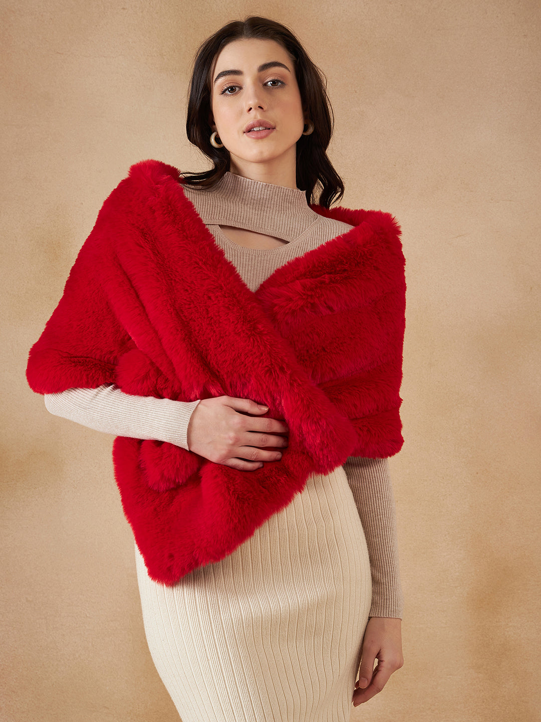 Women's Cherry Red Long Faux Fur Cape - InWeave