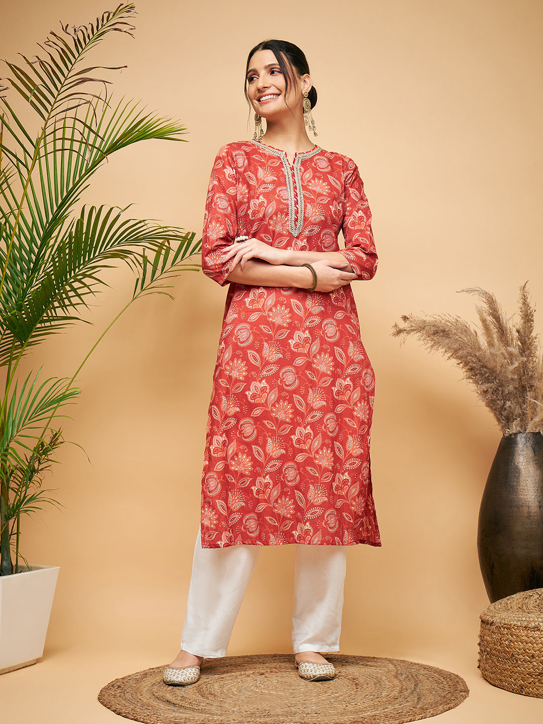 Women's RUST PAISLEY PRINT GOTA STRAIGHT KURTA - InWeave