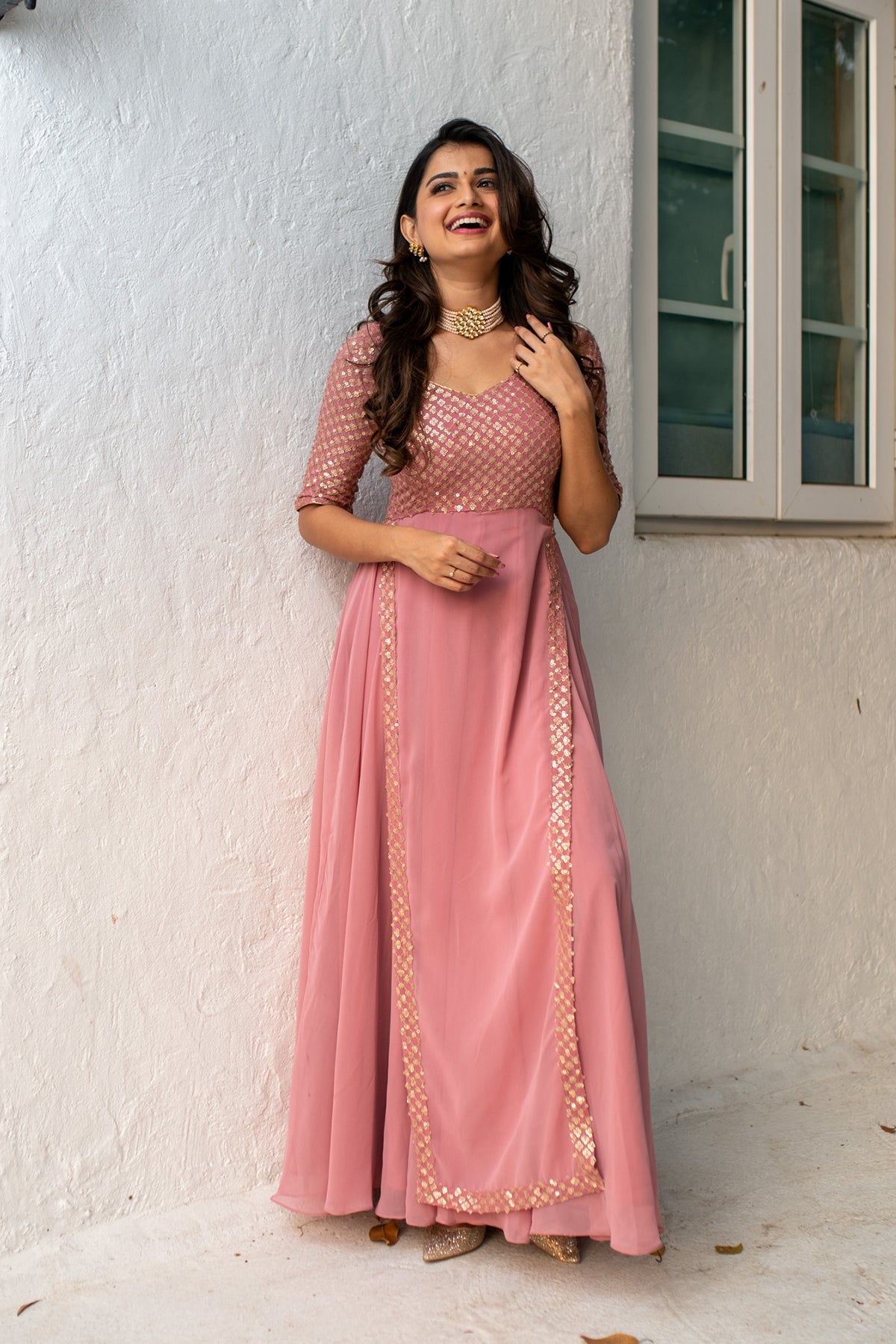Women's Dusty Pink Sequin Pannel Long Dress - Label Shaurya Sanadhya USA