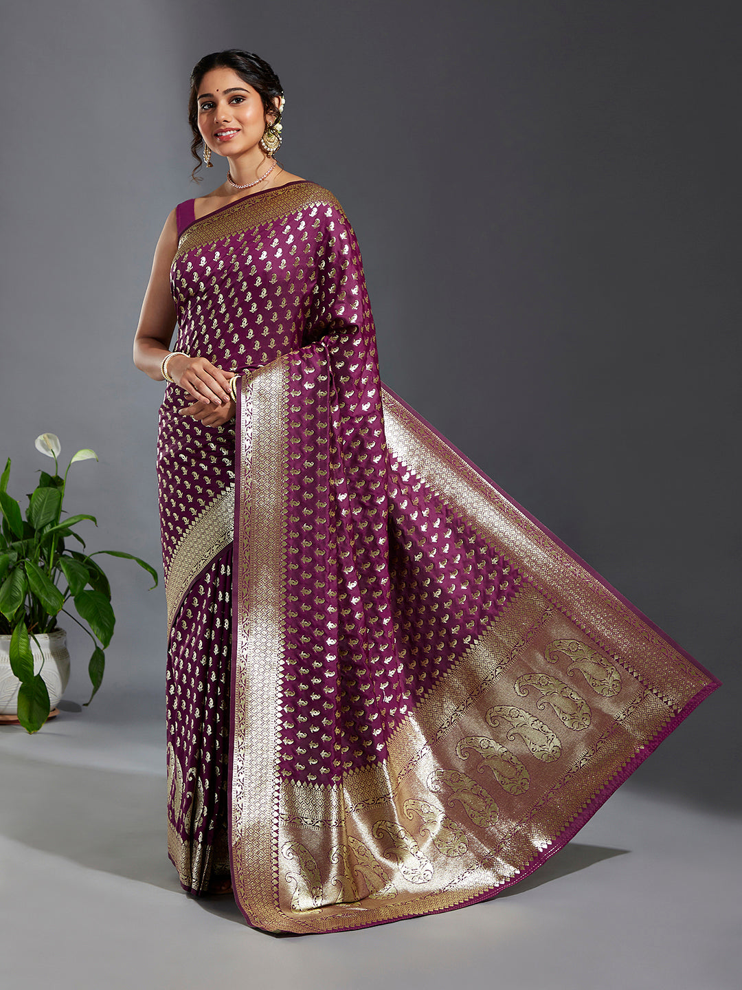Women's Burgundy & Gold Satin Paisley Zari With Beautiful Ethnic Motifs Banarasi Saree - Royal Dwells