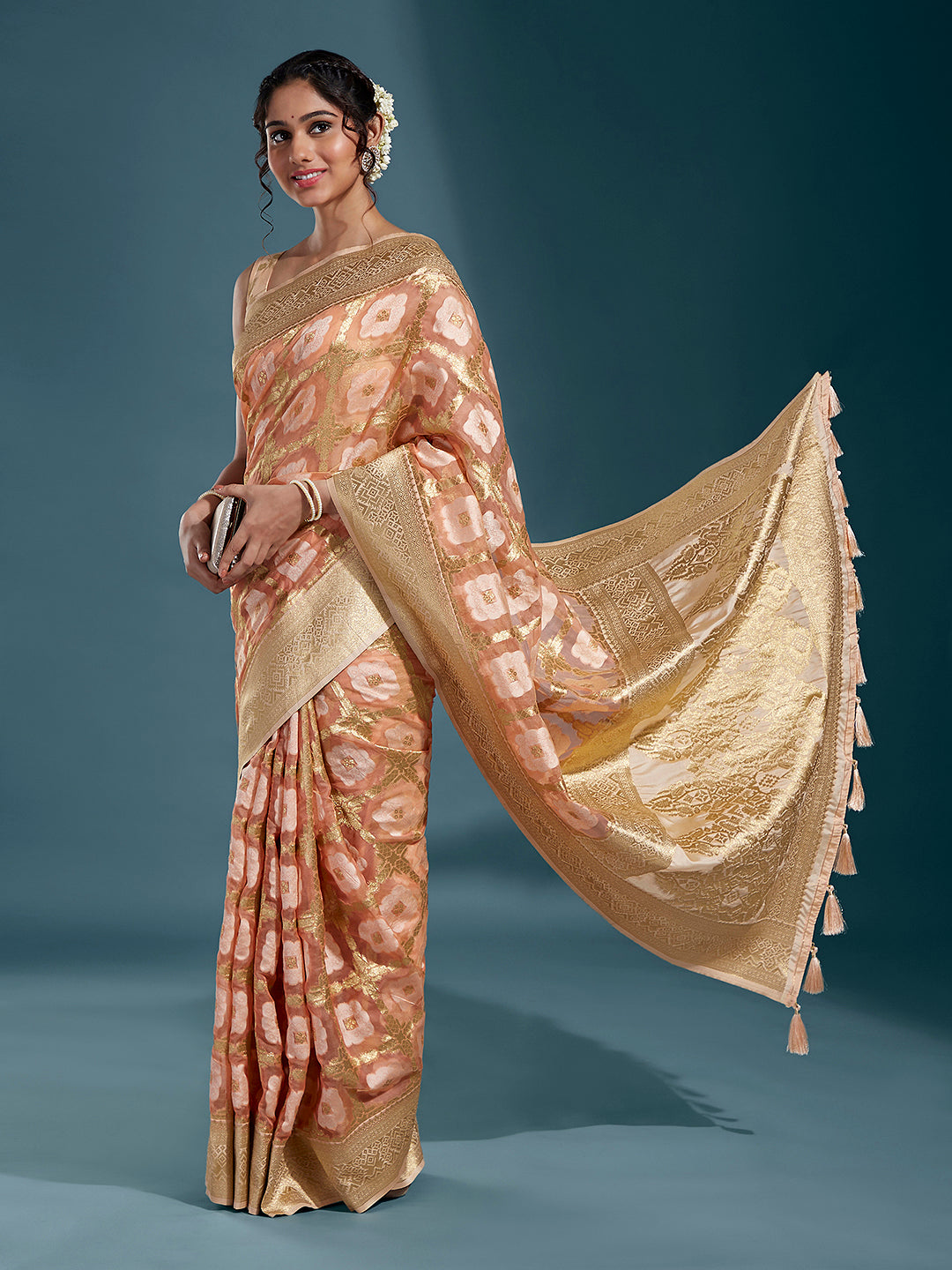 Women's Peach & Gold Satin Paisley Zari With Beautiful Ethnic Motifs Banarasi Saree - Royal Dwells