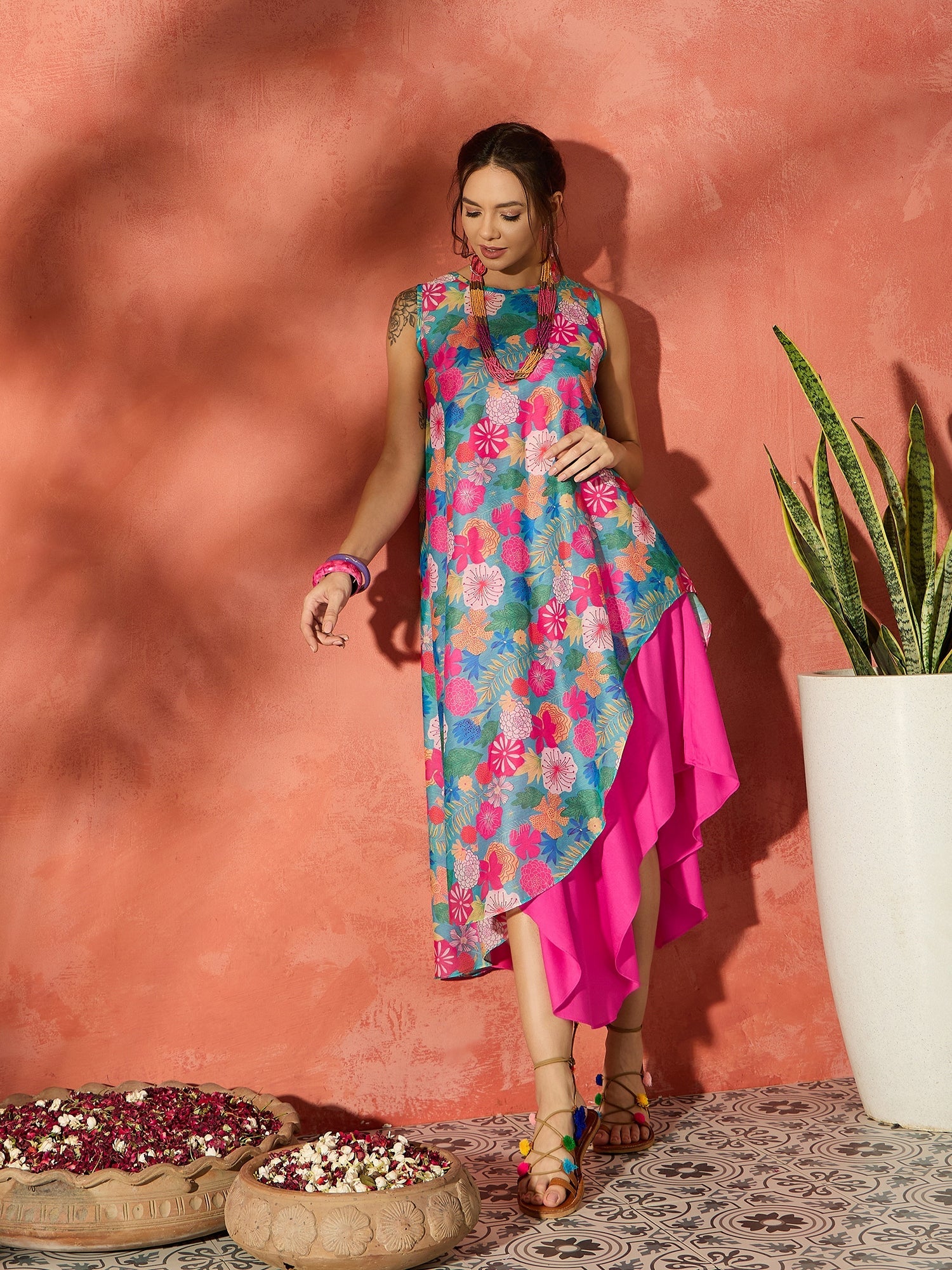 Women's Blue Floral Fuchsia Asymmetrical Dress - InWeave