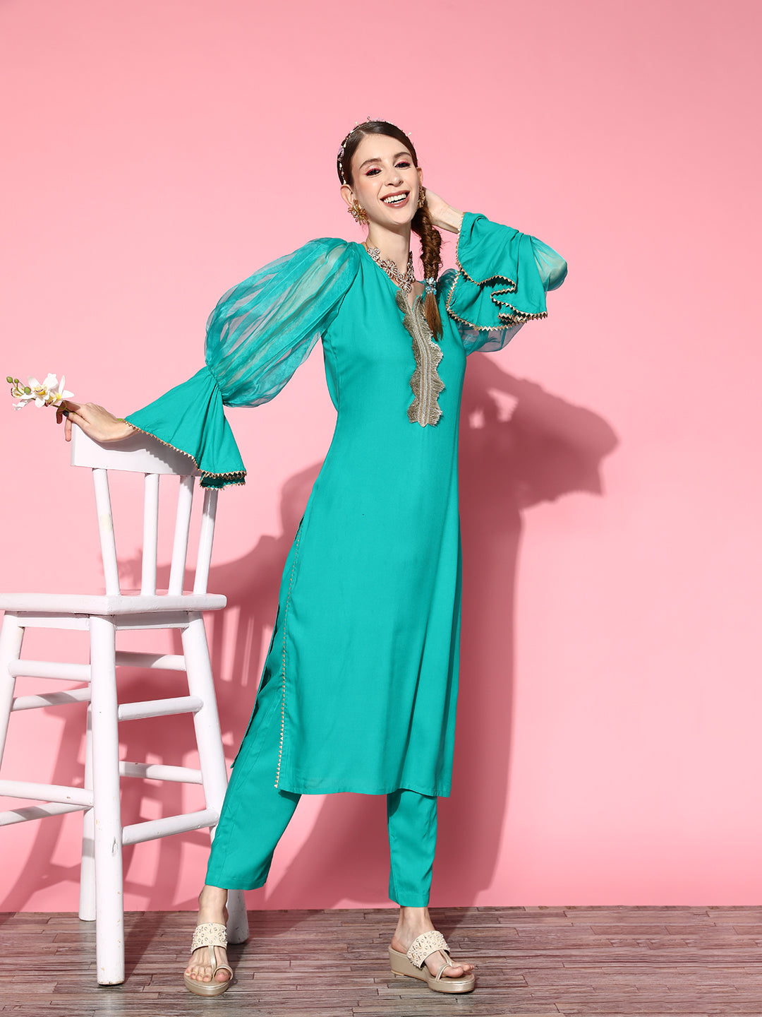 Women's Aqua Organza Sleeve Gota Work Kurta Set - InWeave