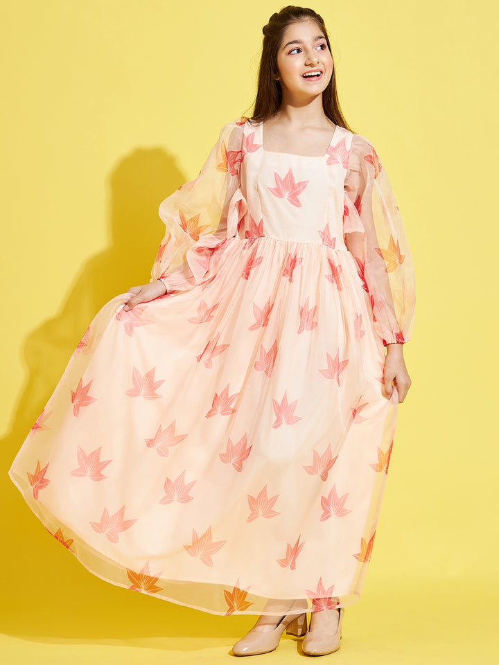 Girl's Cream Polyester Printed Dress