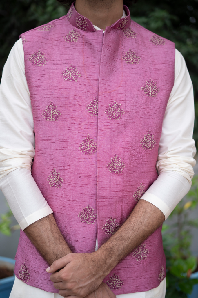 Men's Mauve Color Jacket With Kurta Pant Set
