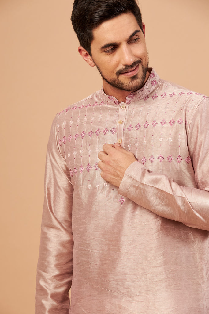 Men's Beige Brown Color Florne Floral Geometric Embroidered Kurta Semi Raw Silk Mix