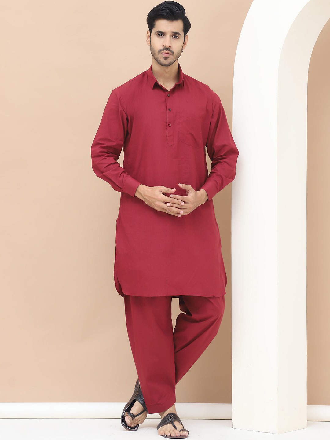 Men's  Maroon Cotton Solid Kurta Set - Grage