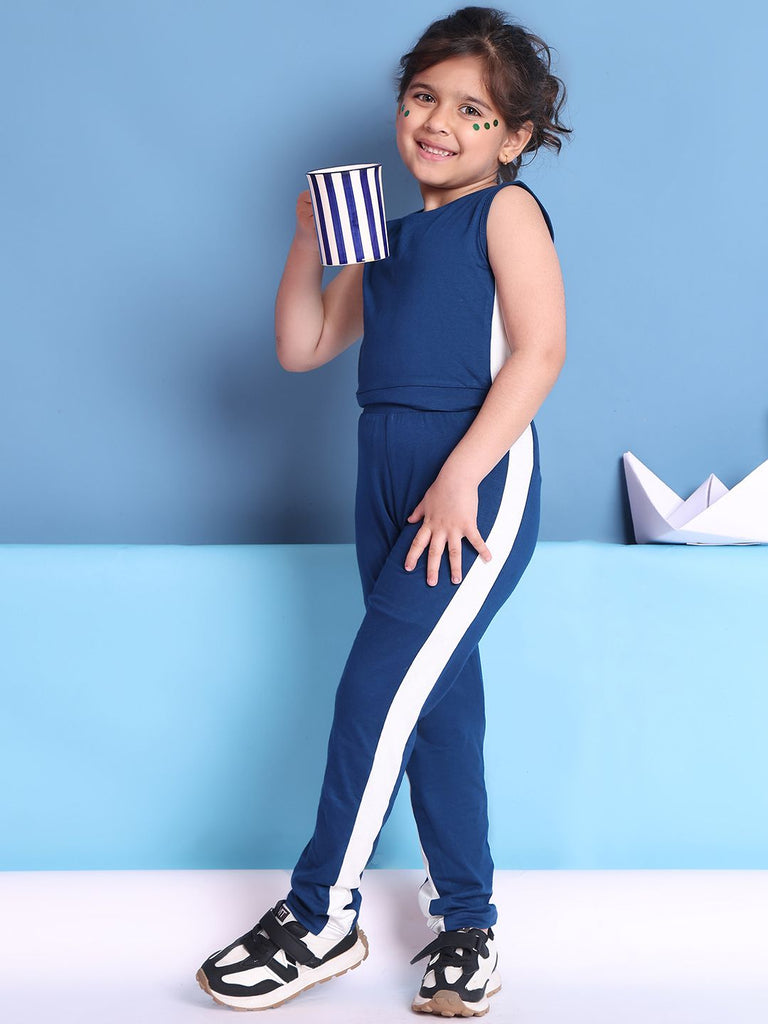 Girl's Blue Viscose Rayon Colorblocked Co-Ord Set