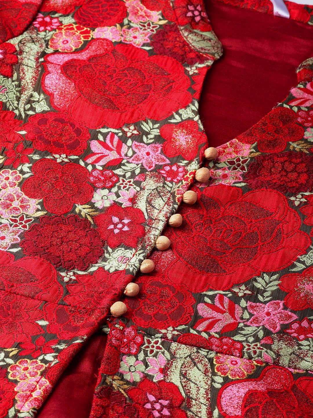 Women's  Red & Green Self Design Longline Ethnic Jacket -