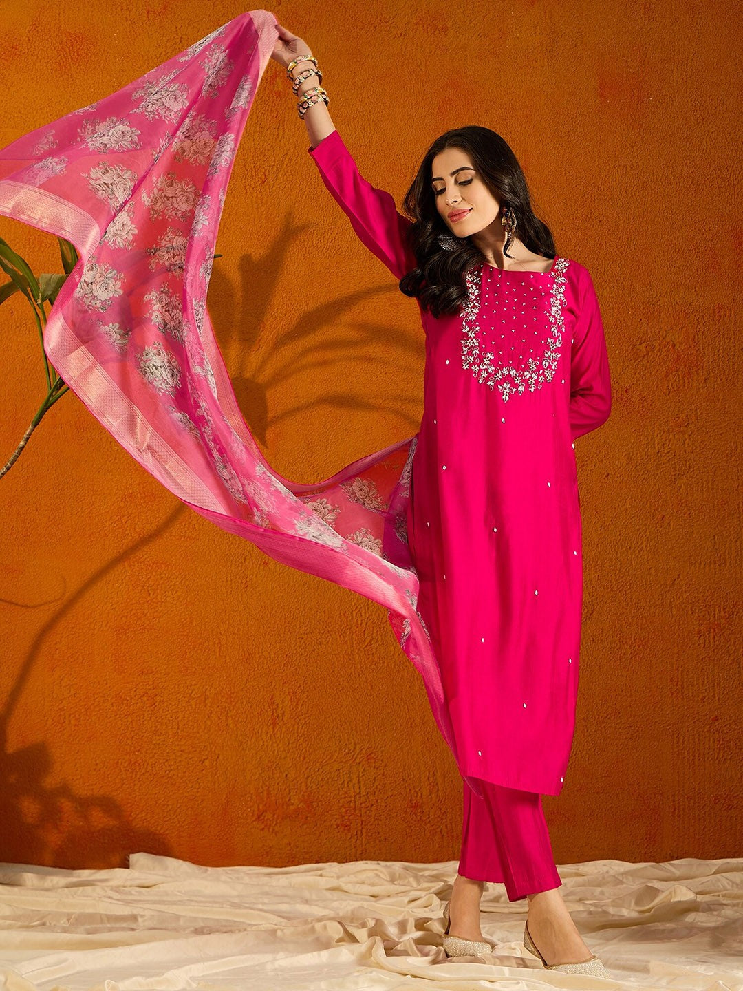 Women's Round Neck Embroidered Work Viscose Rayon Fabric Kurta & Pant With Dupatta Set - Taantav