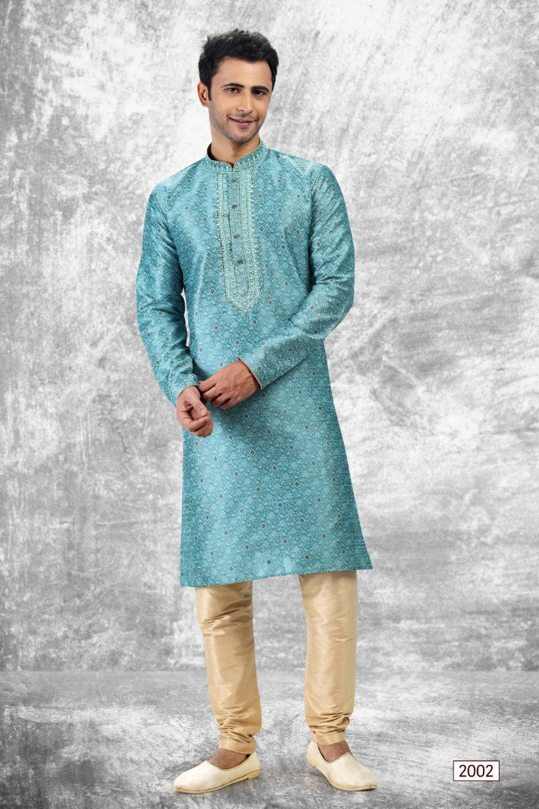 Men's Jacquard Silk Brocade Mirror And Thread Work Kurta Pyjama In Blue Color