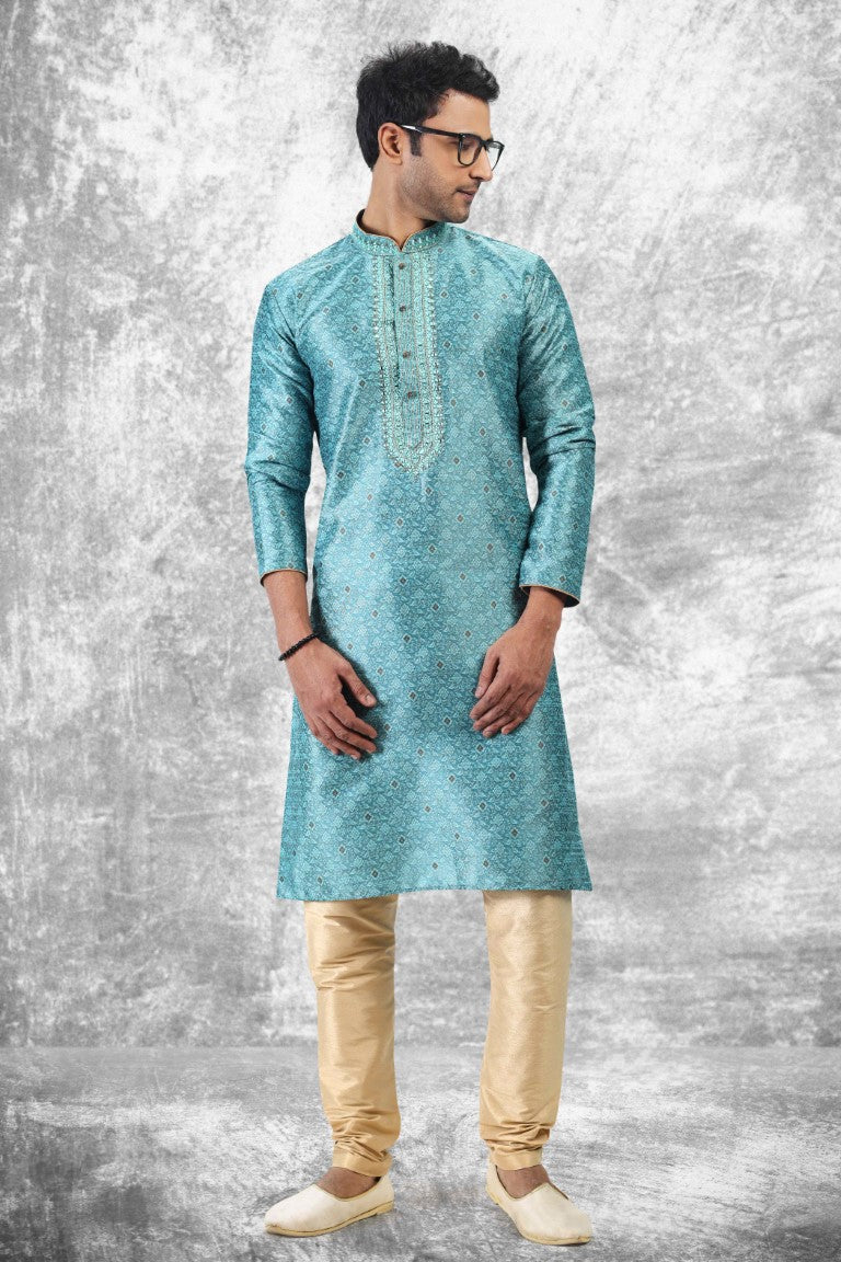 Men's Jacquard Silk Brocade Mirror And Thread Work Kurta Pyjama In Blue Color