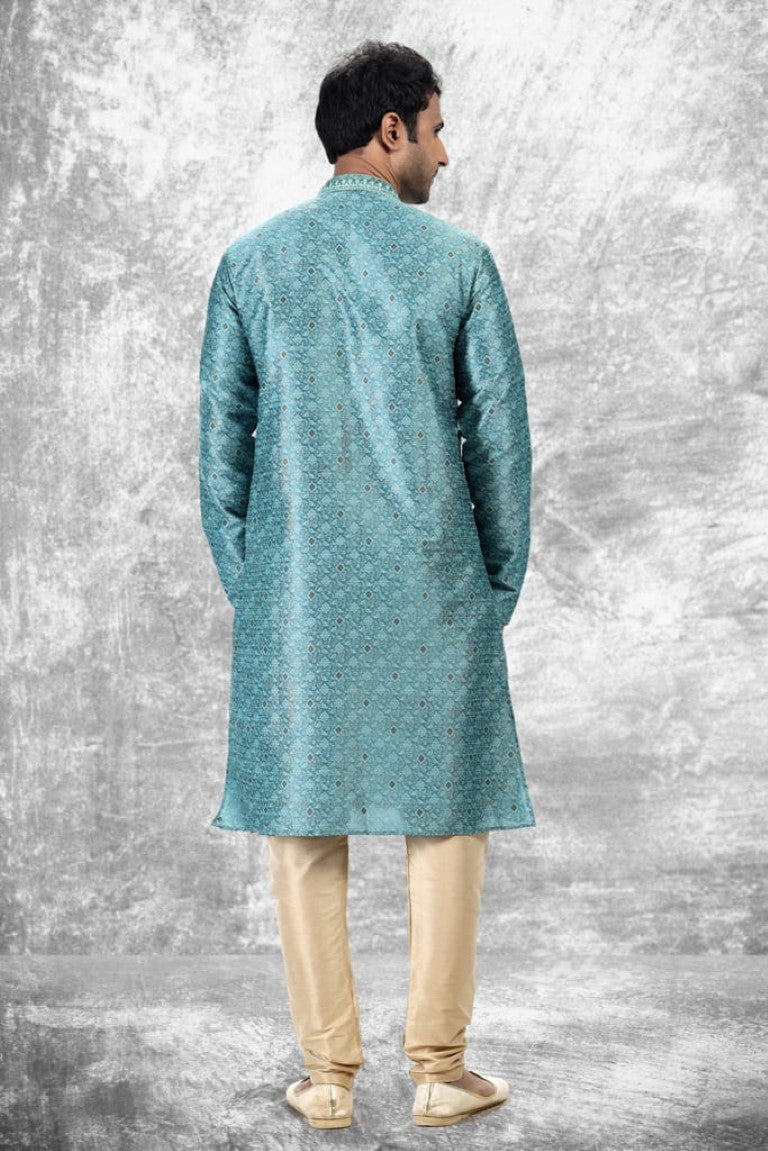 Men's Jacquard Silk Brocade Mirror And Thread Work Kurta Pyjama In Blue Color