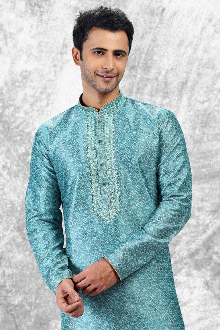 Men's Jacquard Silk Brocade Mirror And Thread Work Kurta Pyjama In Blue Color