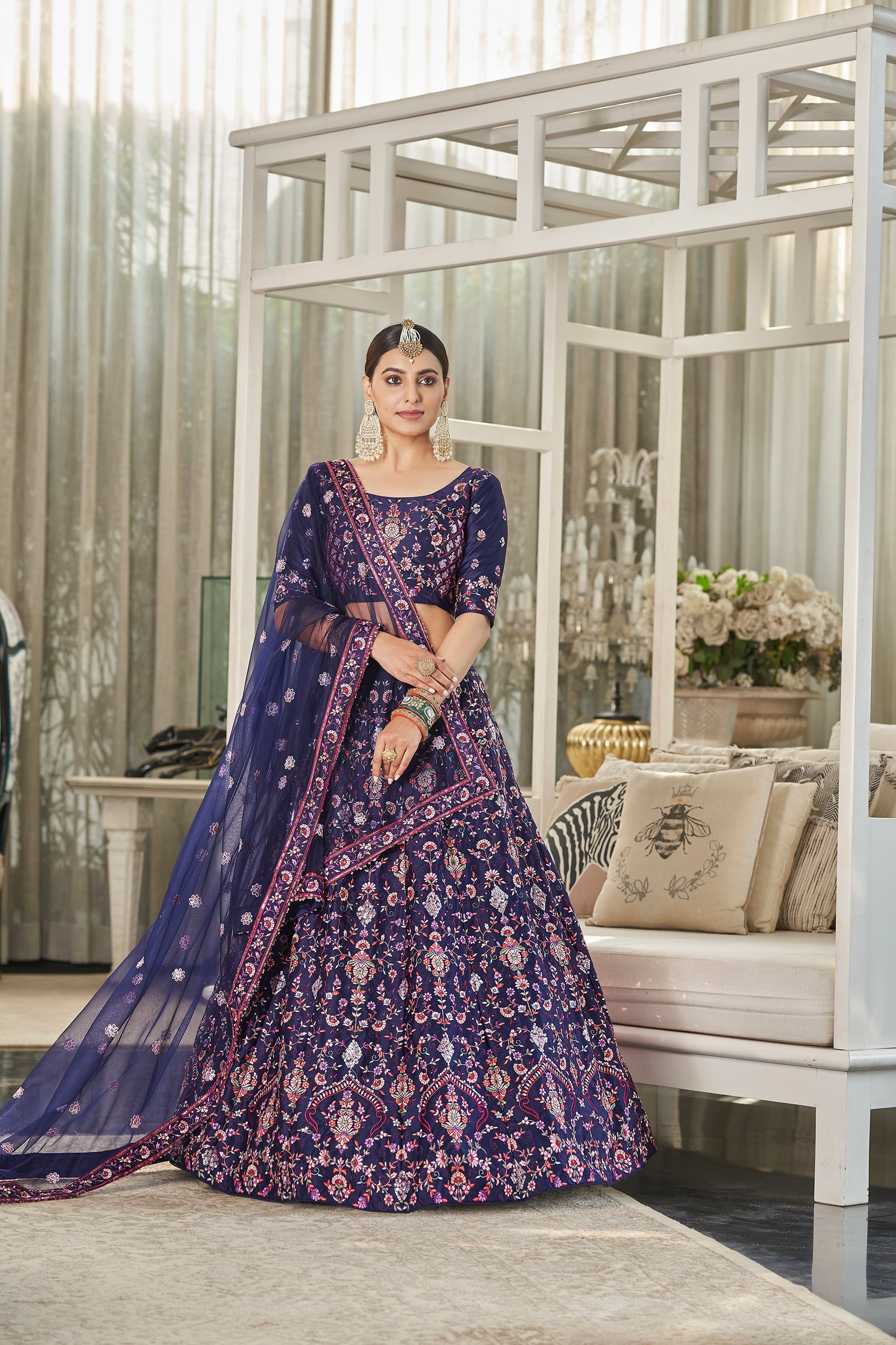 Women's Navy Silk Thread With Multi Sequince Embroidered Lehenga Set - Shubhkala