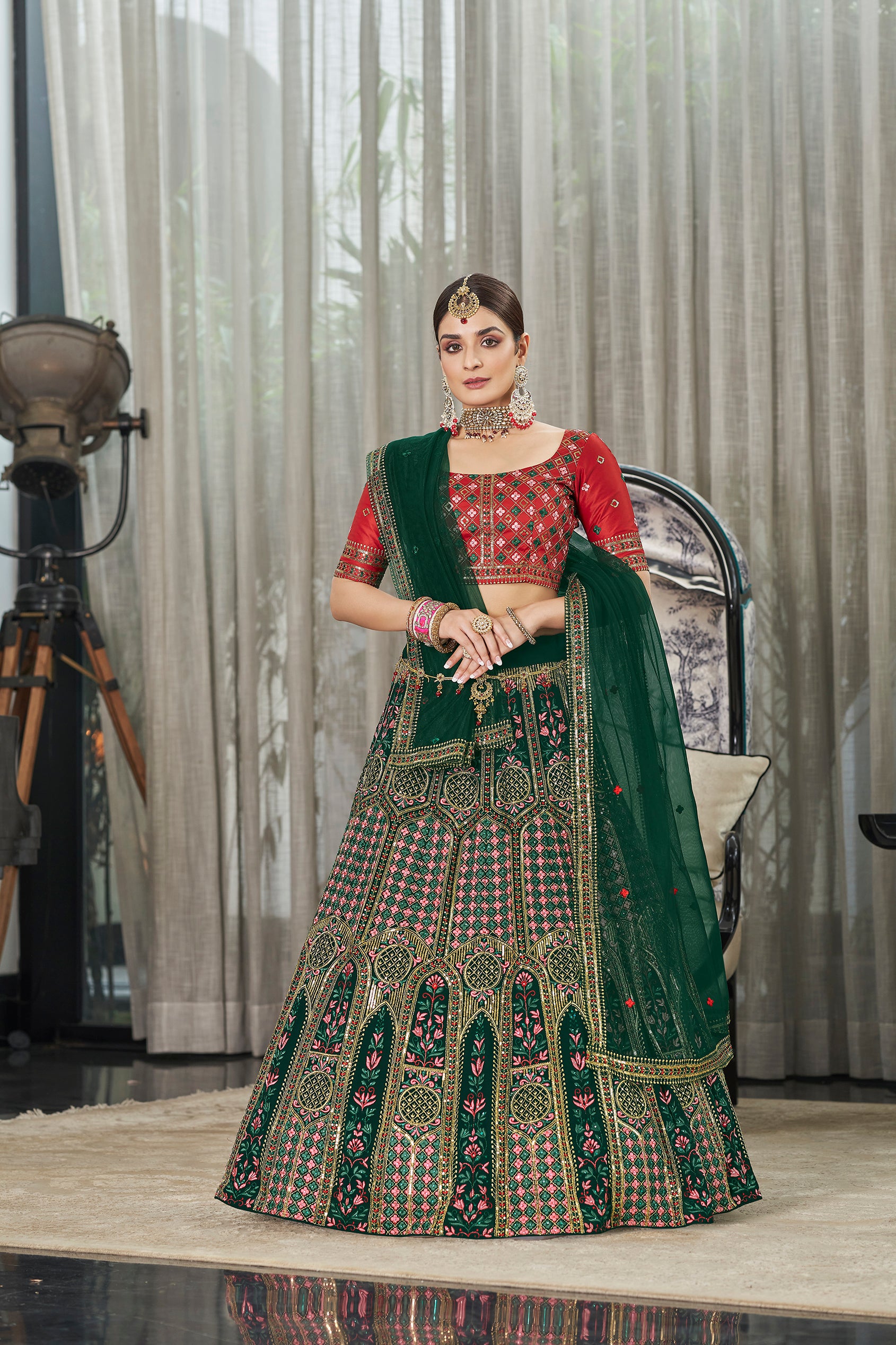 Women's Green Georgette Thread With Sequince Embroidered With All Over Stone Pasting Lehenga Set - Shubhkala