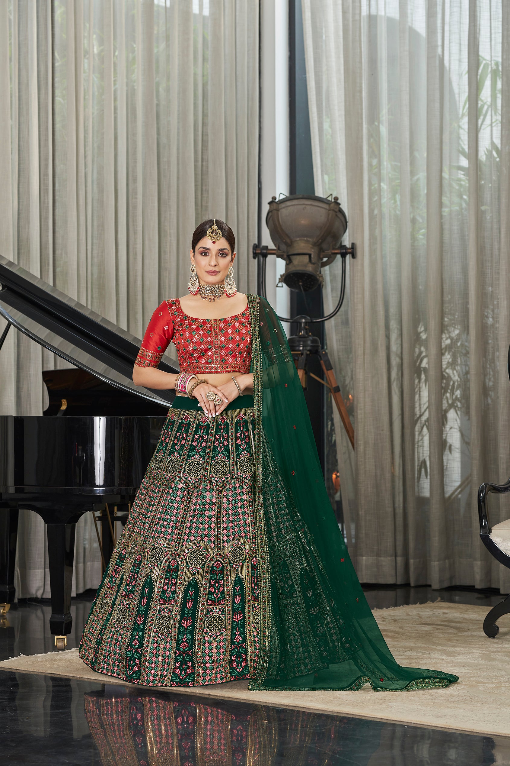 Women's Green Georgette Thread With Sequince Embroidered With All Over Stone Pasting Lehenga Set - Shubhkala