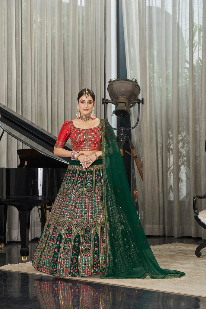 Women's Green Georgette Thread With Sequince Embroidered With All Over Stone Pasting Lehenga Set