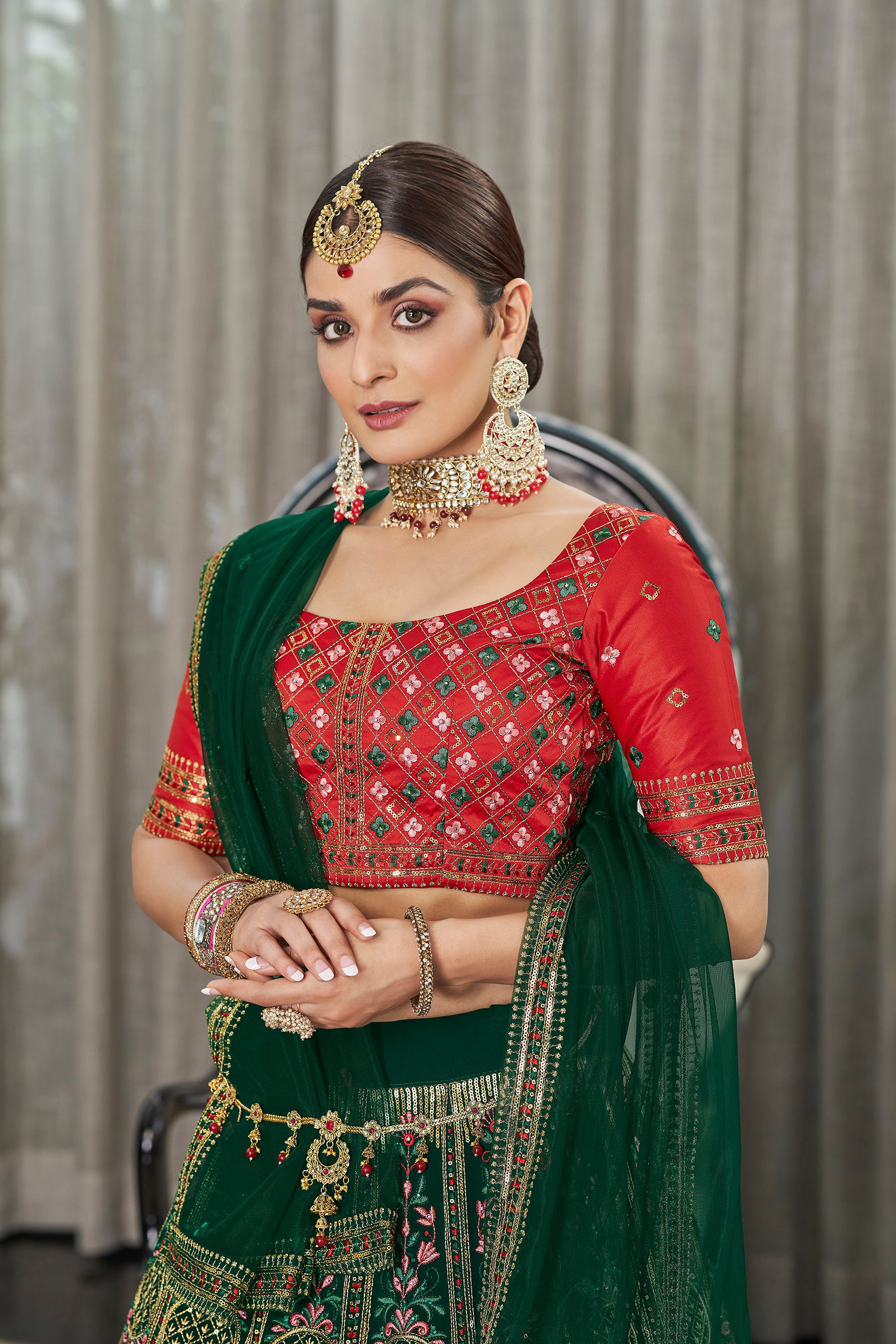 Women's Green Georgette Thread With Sequince Embroidered With All Over Stone Pasting Lehenga Set - Shubhkala