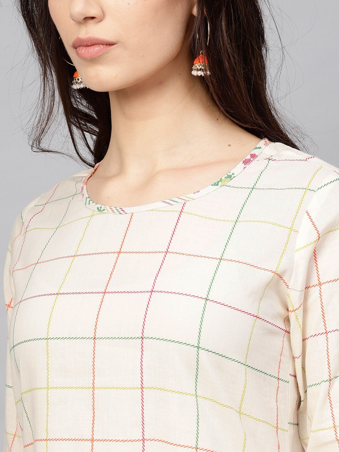 Women's  Off-White Checked A-Line Kurta -