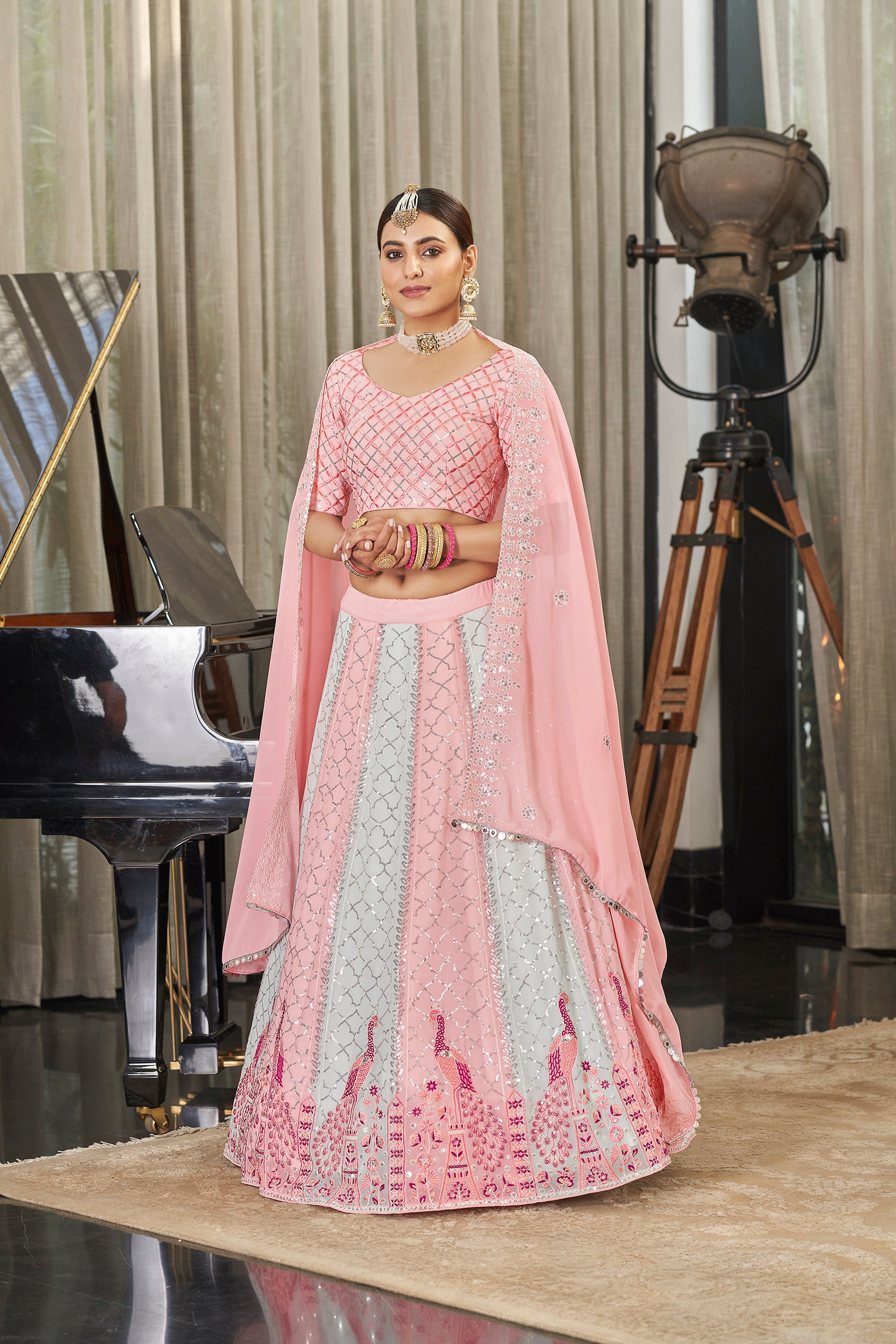 Women's Pink & Sky Multi Color Georgette Thread With Sequince Embroidered Lehenga Set - Shubhkala