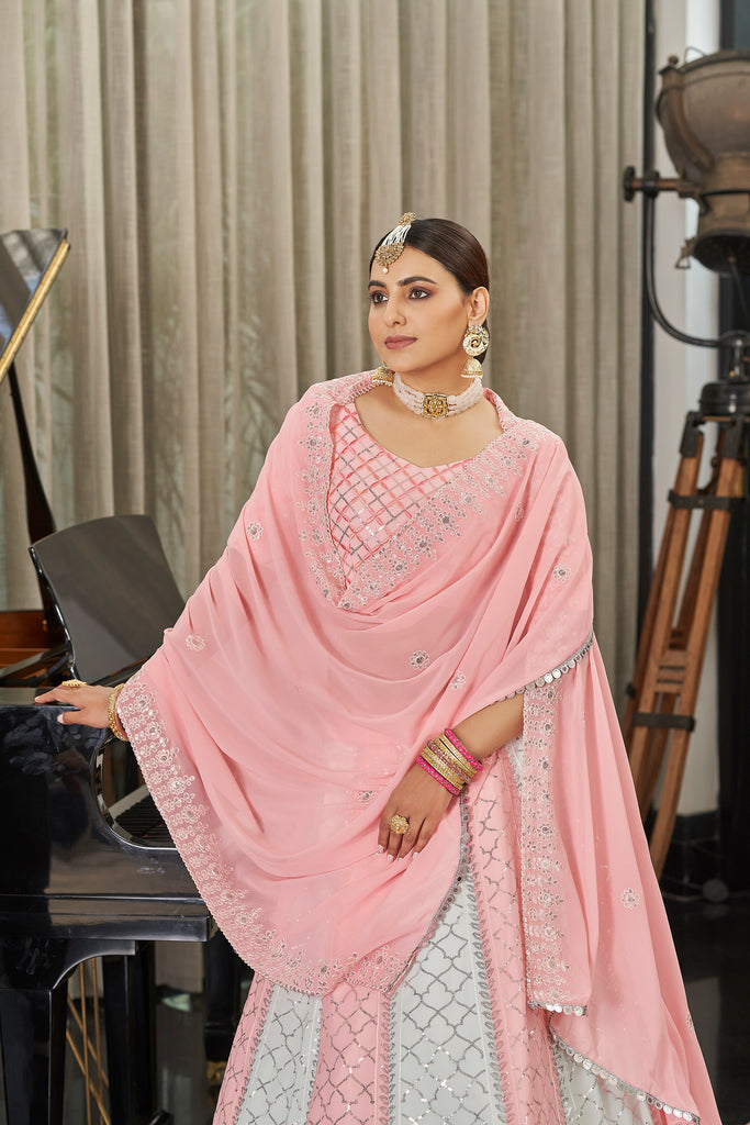 Women's Pink & Sky Multi Color Georgette Thread With Sequince Embroidered Lehenga Set