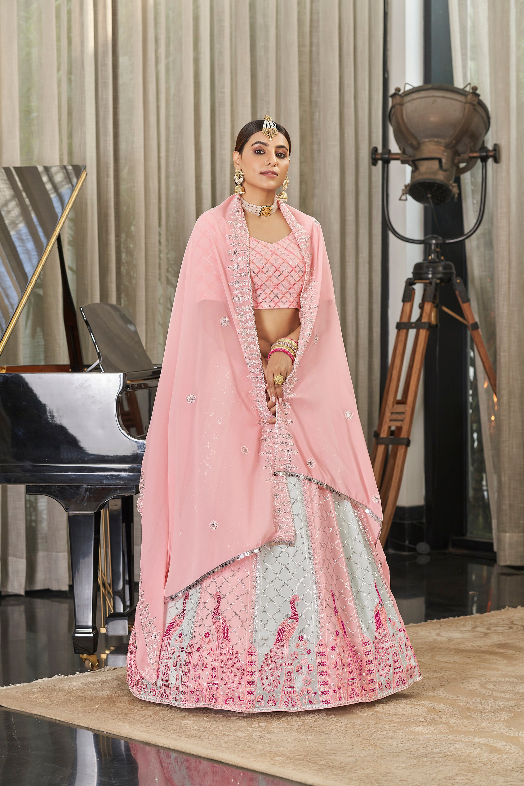 Women's Pink & Sky Multi Color Georgette Thread With Sequince Embroidered Lehenga Set - Shubhkala