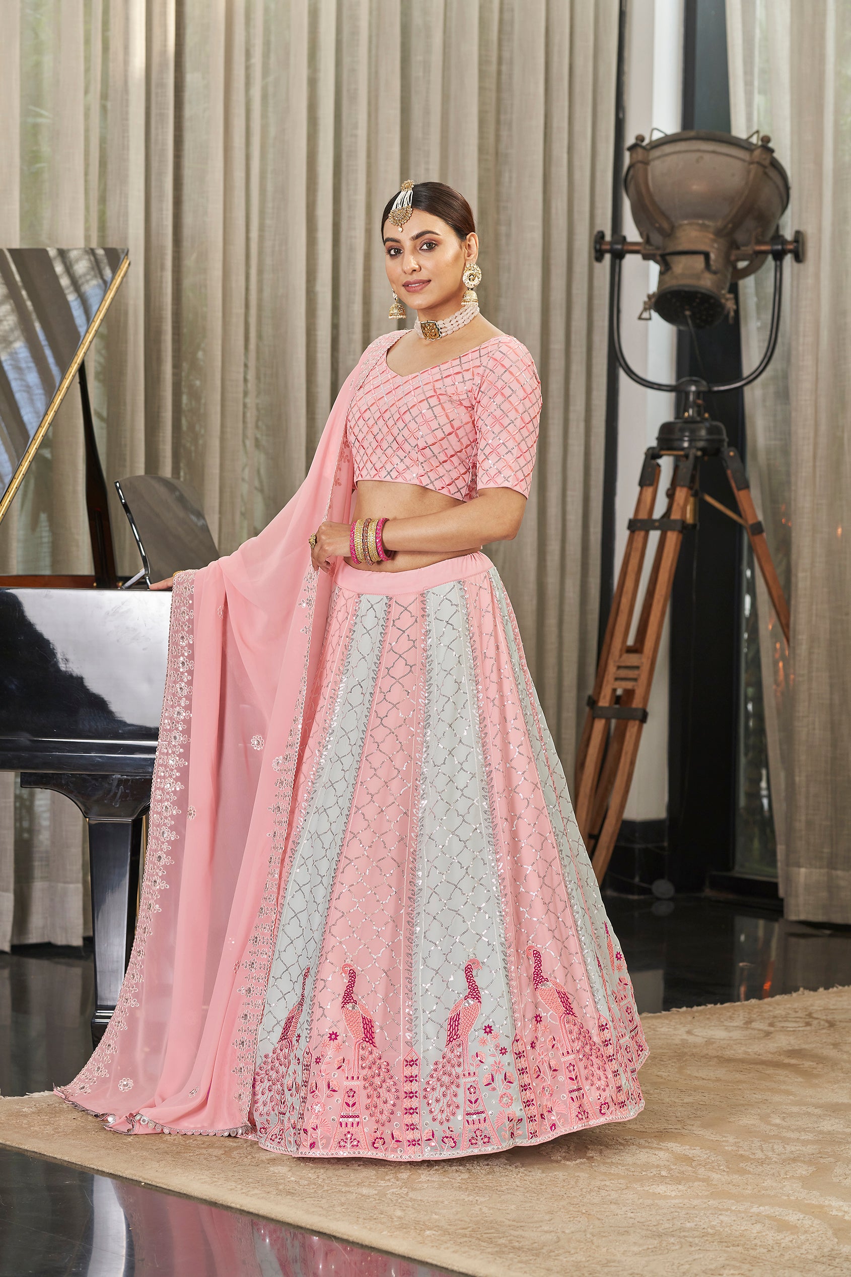 Women's Pink & Sky Multi Color Georgette Thread With Sequince Embroidered Lehenga Set - Shubhkala