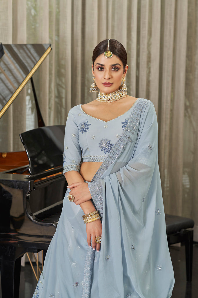 Women's White & Sky Multi Color Georgette Thread With Sequince Embroidered Lehenga Set