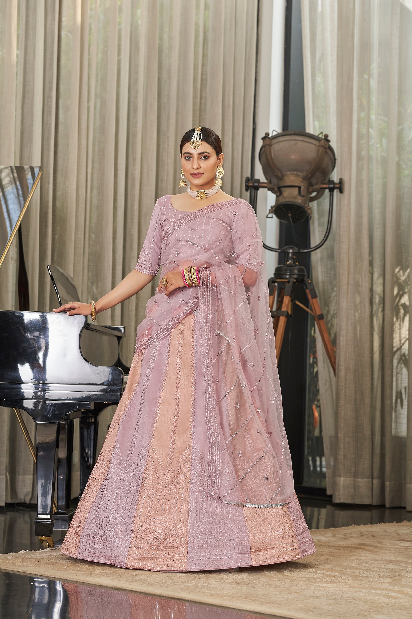 Women's Pink & Peach Multi Color Art Silk Thread With Sequince Embroidered Lehenga Set - Shubhkala