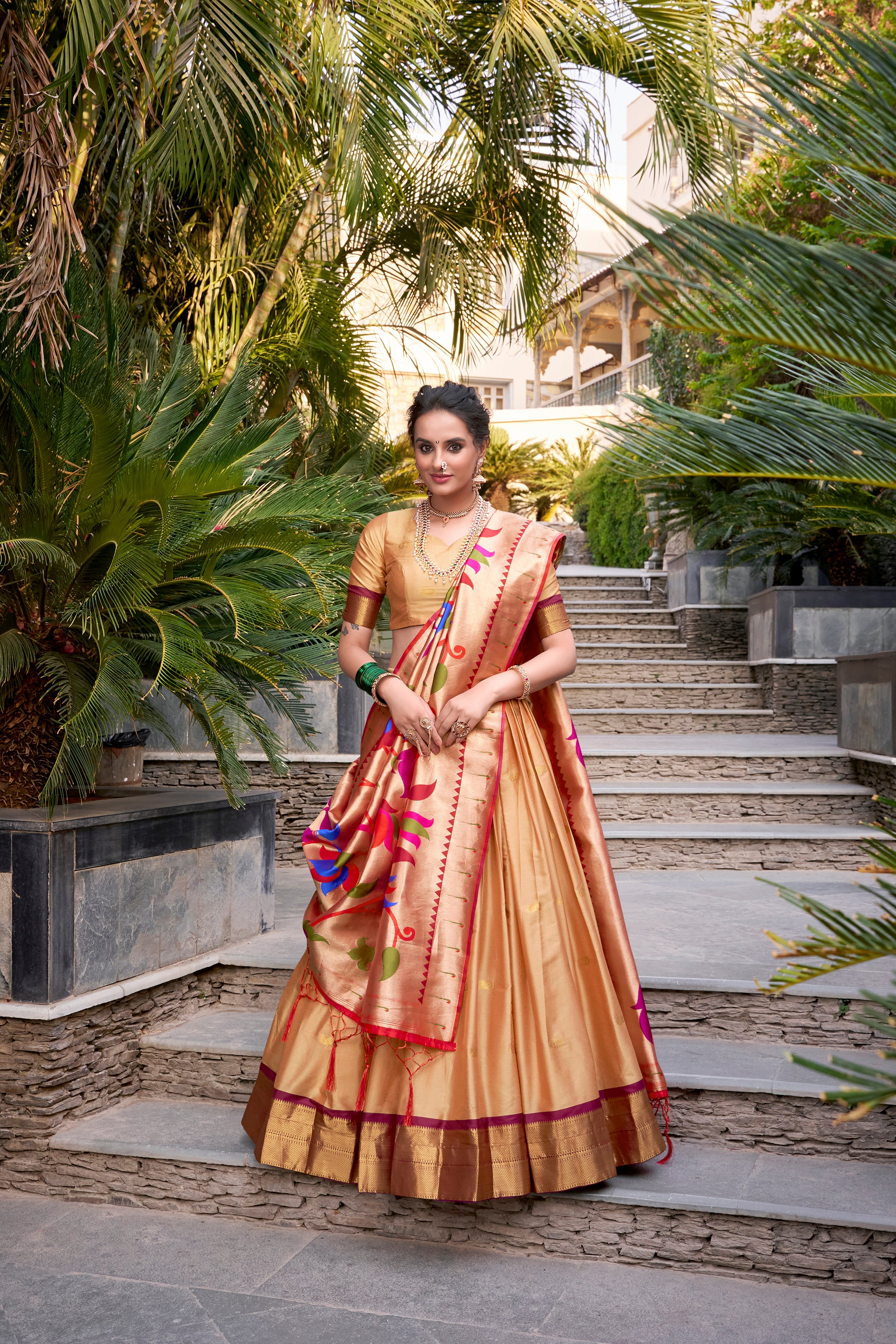 Women's Golden Color Jacquard Silk (Paithani) Lehenga Choli