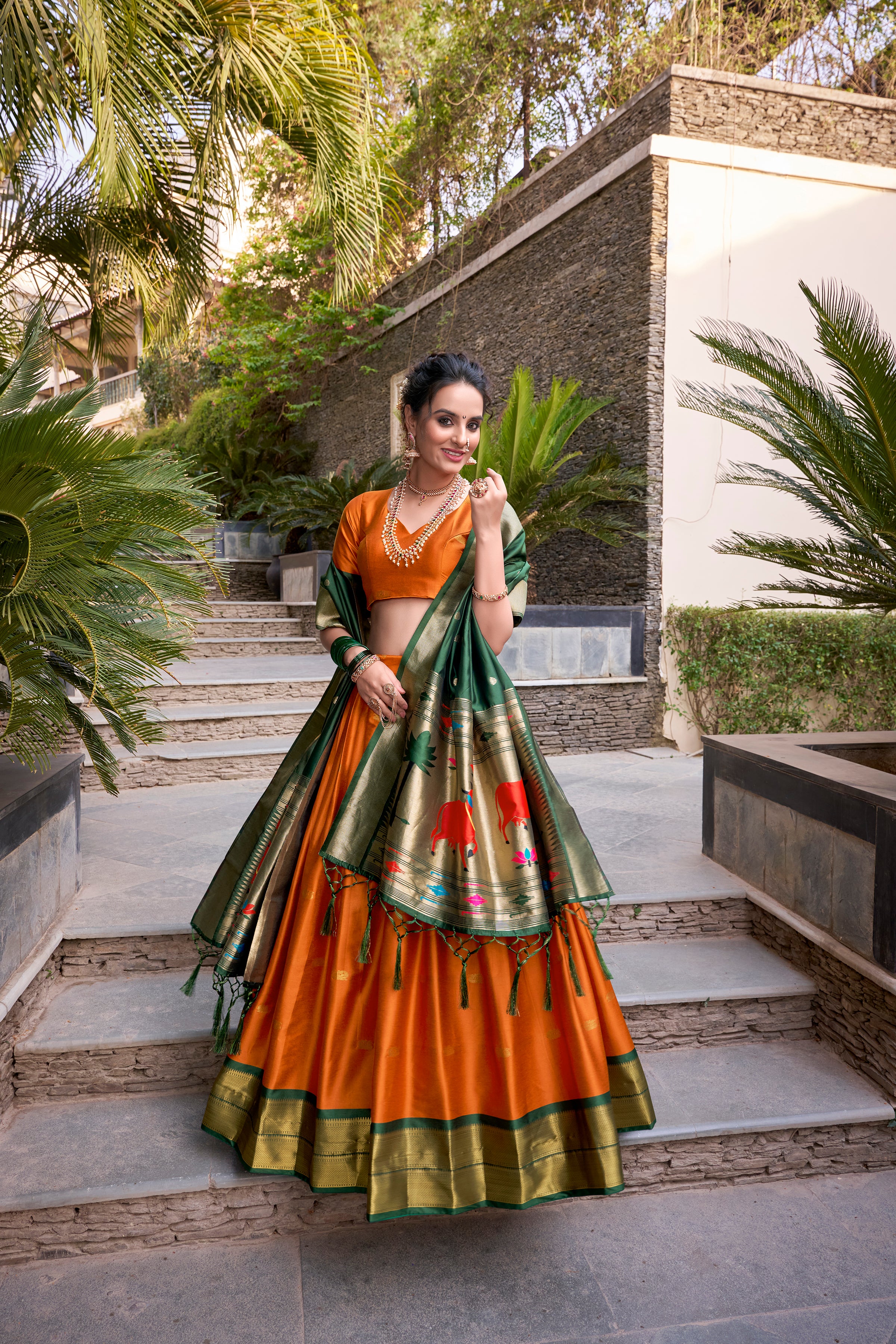 Women's Orange Color Jacquard Silk (Paithani) Lehenga Choli