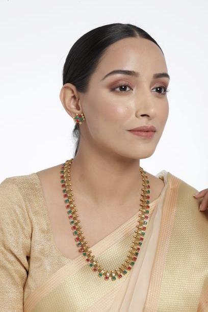 Women's 18K Gold Plated Multicolour Stone Work Long Necklace With Earrings For Women & Girls