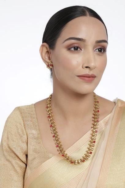 Women's 18K Gold Plated Multicolour Stone Work Long Necklace With Earrings For Women & Girls