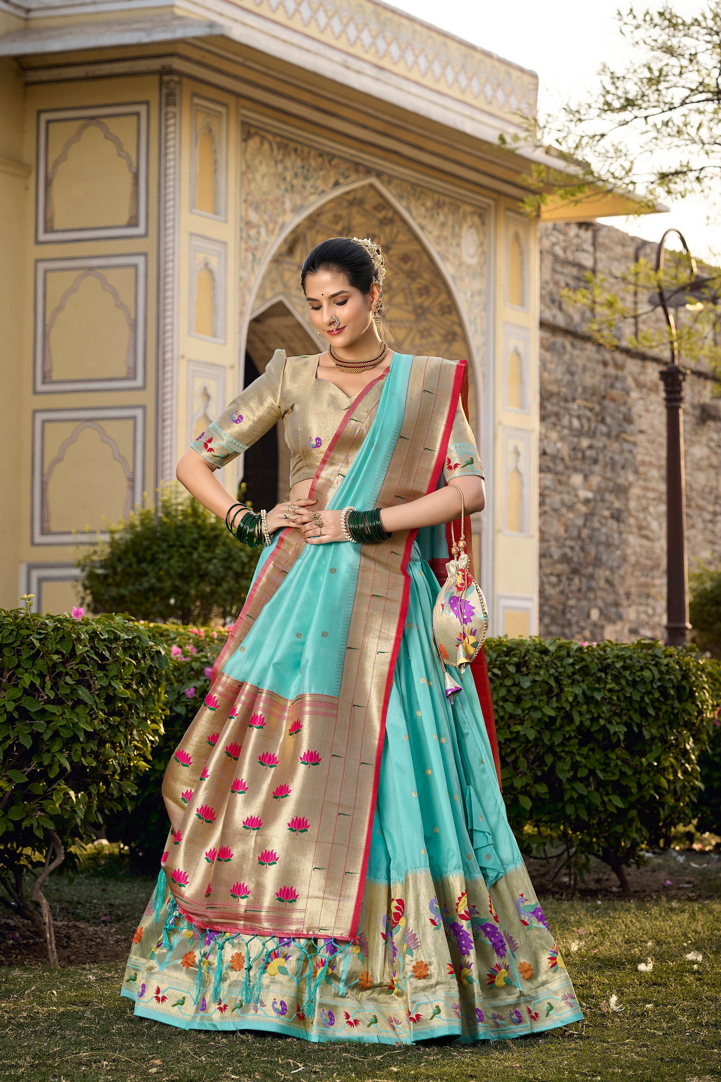 Women's Sky Blue Color Jacquard Silk (Paithani) Lehenga Choli