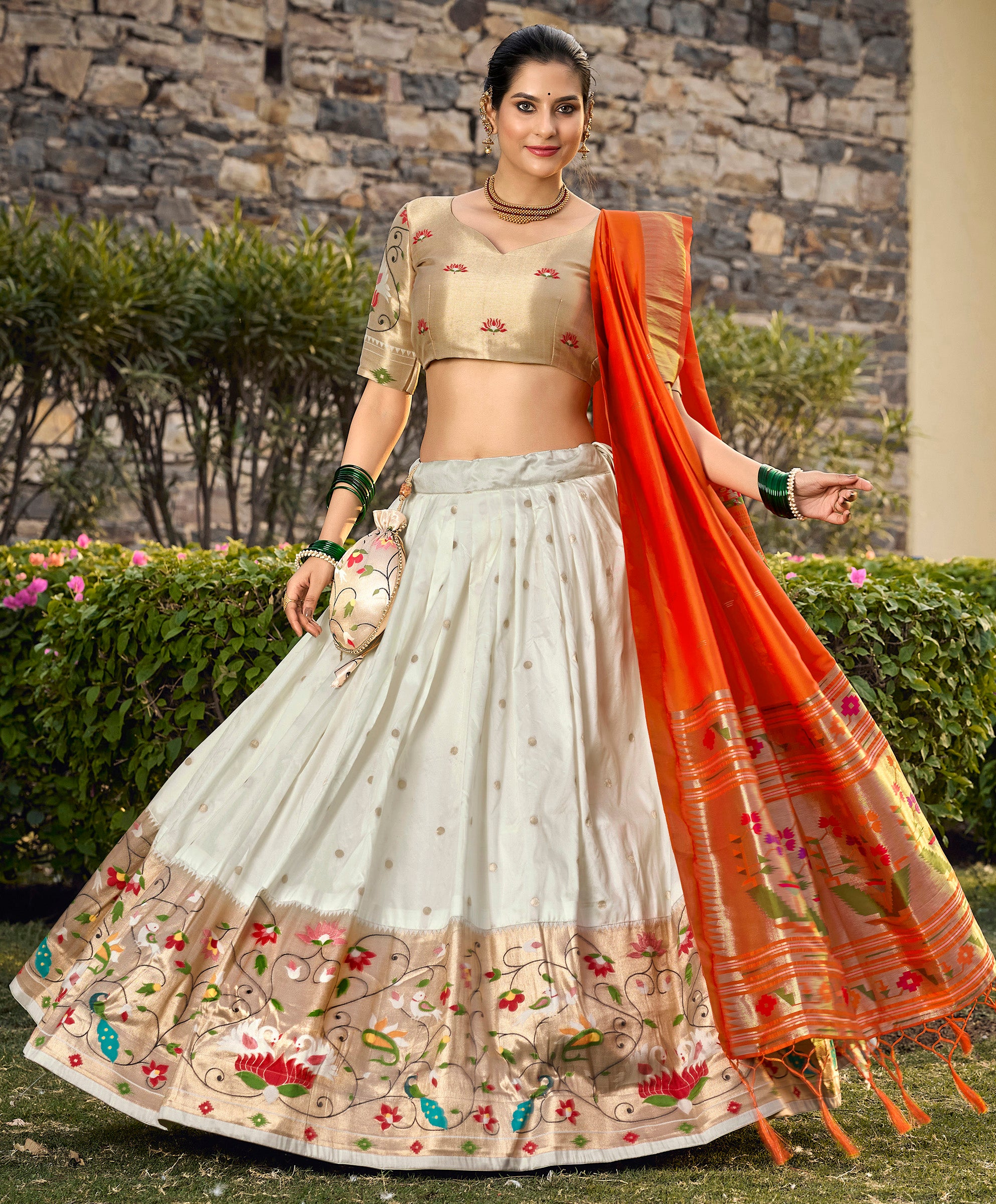 Women's White Color Jacquard Silk (Paithani) Lehenga Choli