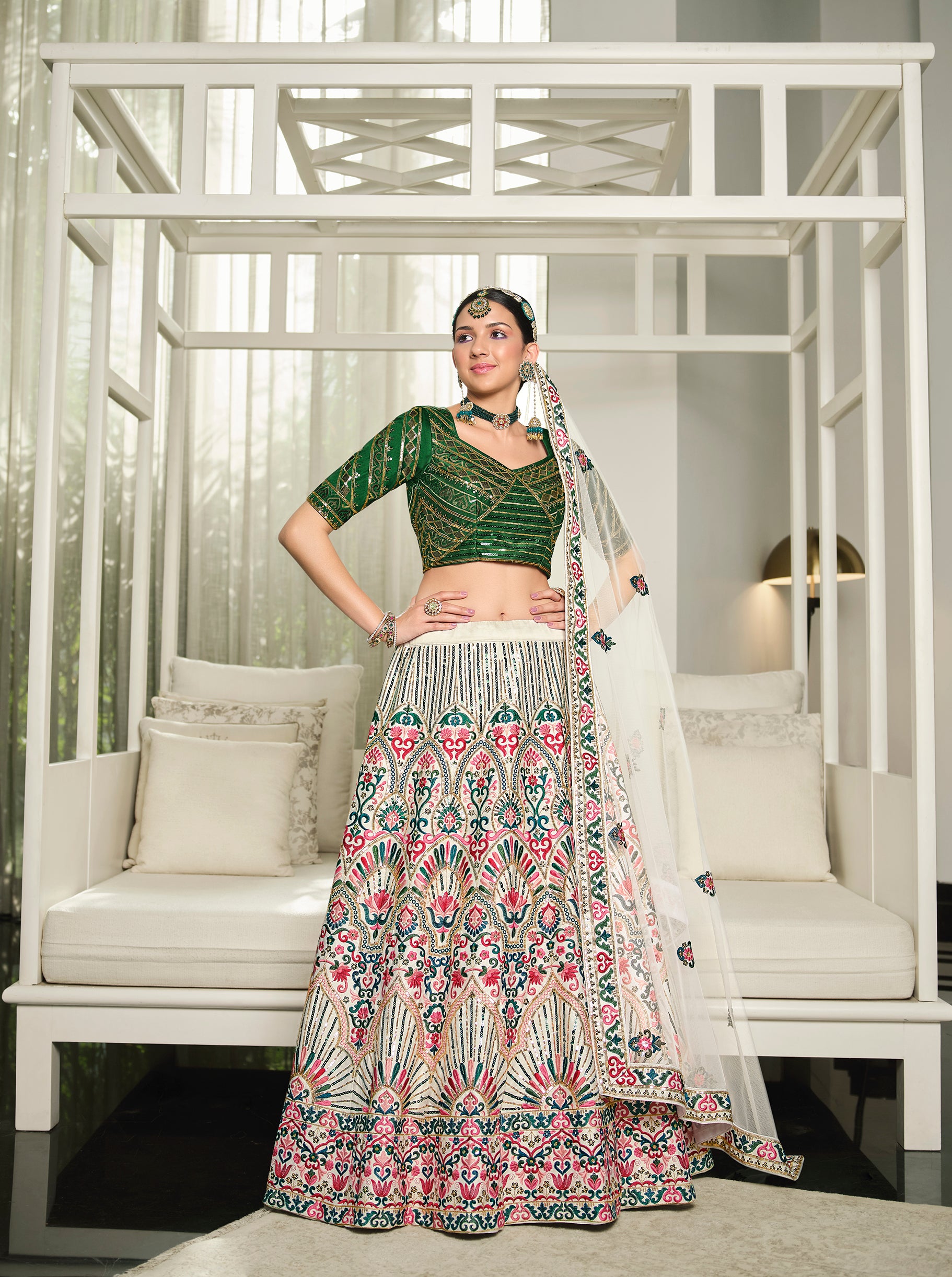 Women's White Silk Thread Embroidered Lehenga Set - Shubhkala