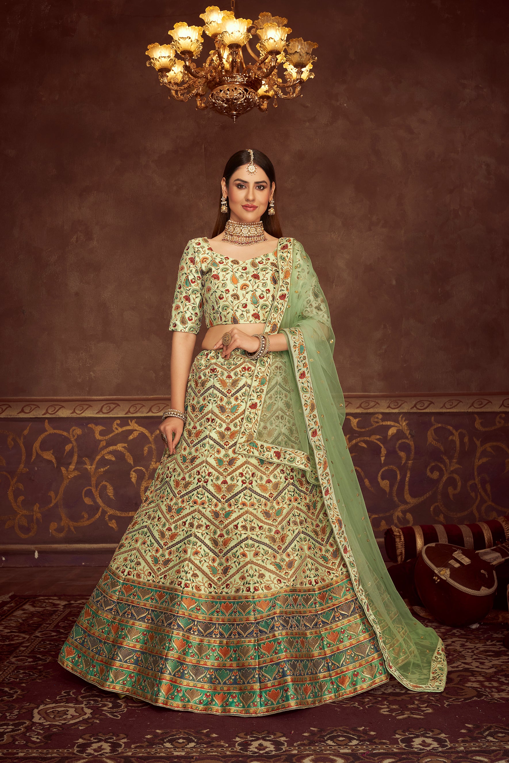 Women's Mint Green Art Silk Embroidery With Print And Swarovski Lehenga Set - Shubhkala