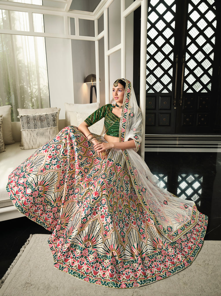 Women's White Silk Thread Embroidered Lehenga Set