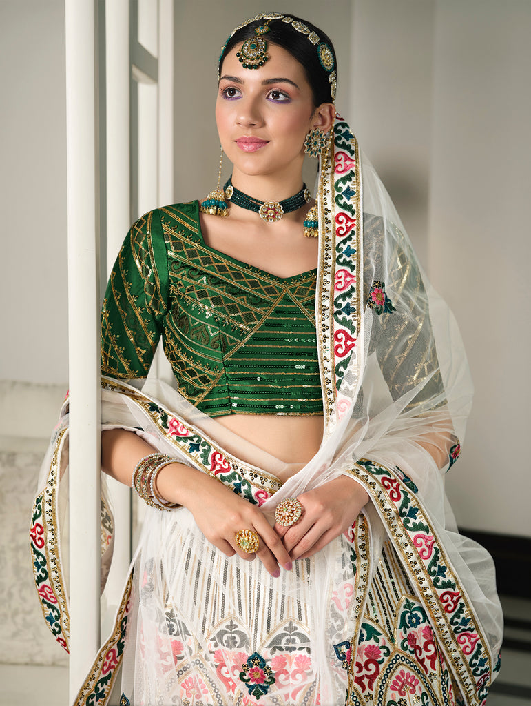 Women's White Silk Thread Embroidered Lehenga Set