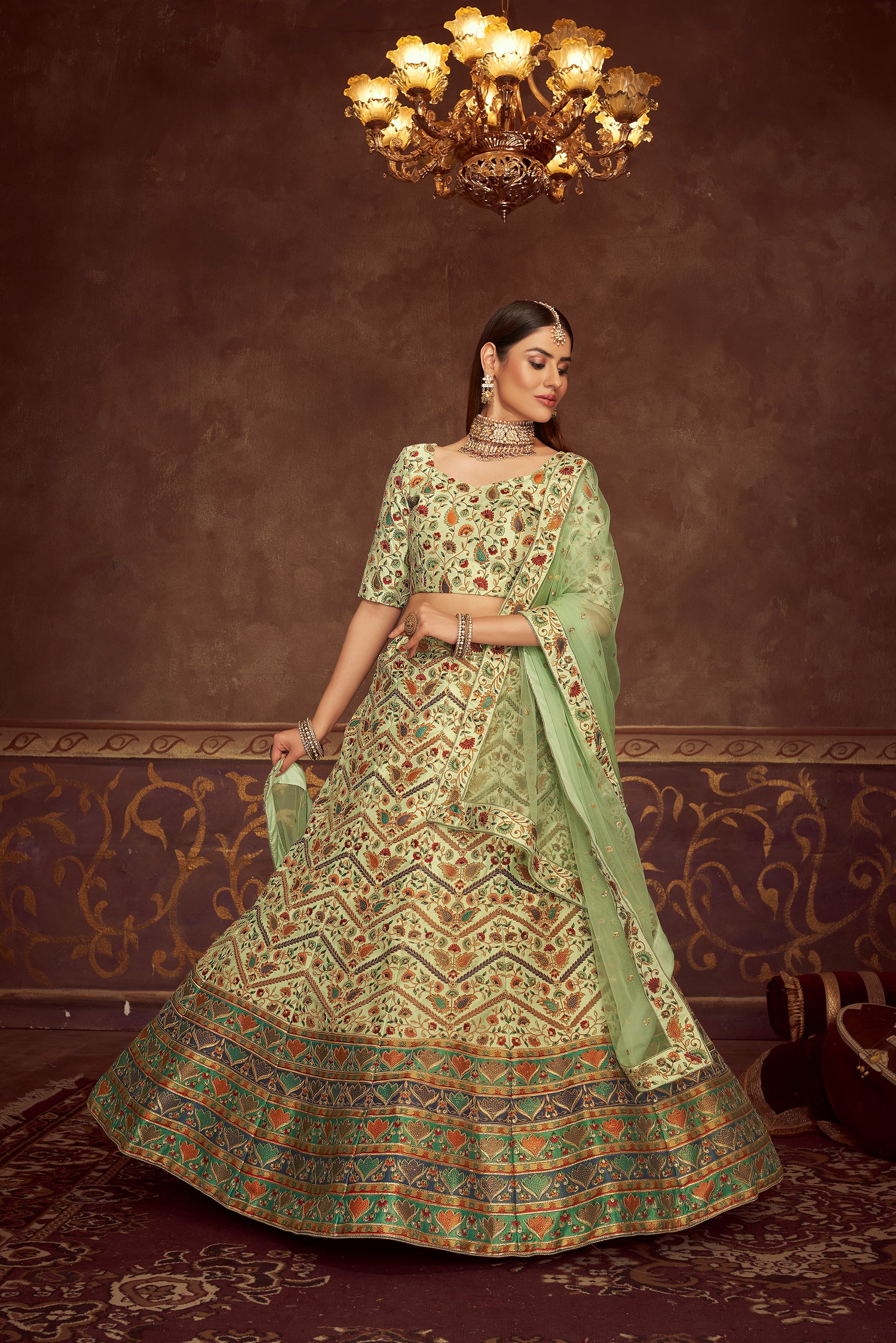 Women's Mint Green Art Silk Embroidery With Print And Swarovski Lehenga Set - Shubhkala