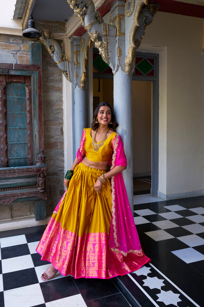 Women's Mustard Color Narayan Pattu Zari Weaving Work Lehenga Choli