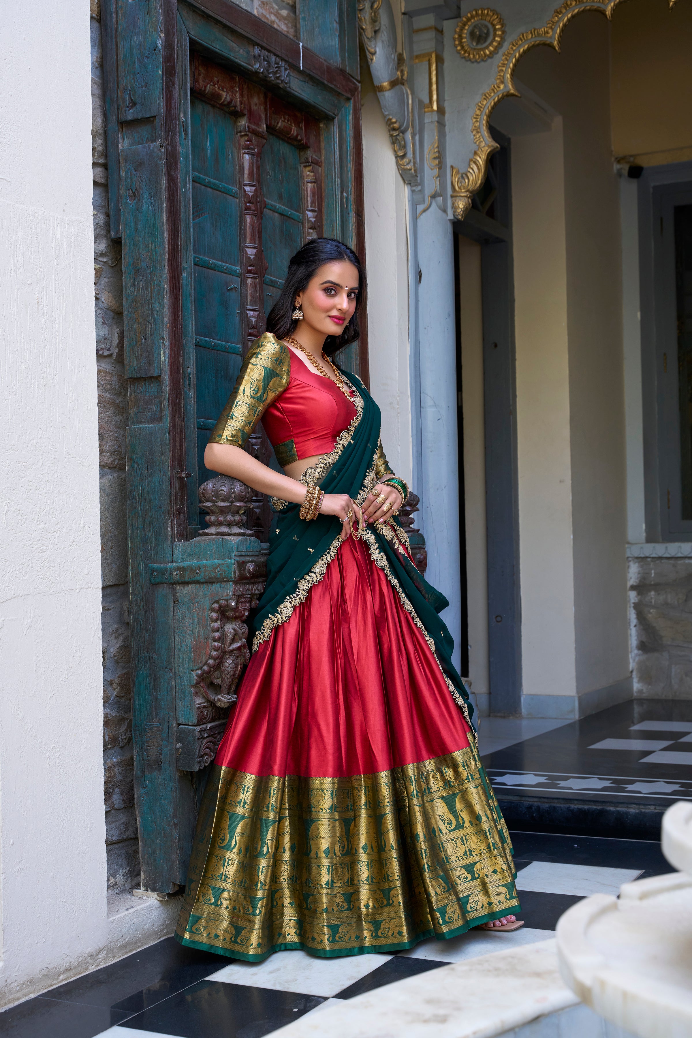 Women's Red Color Narayan Pattu Zari Weaving Work Lehenga Choli