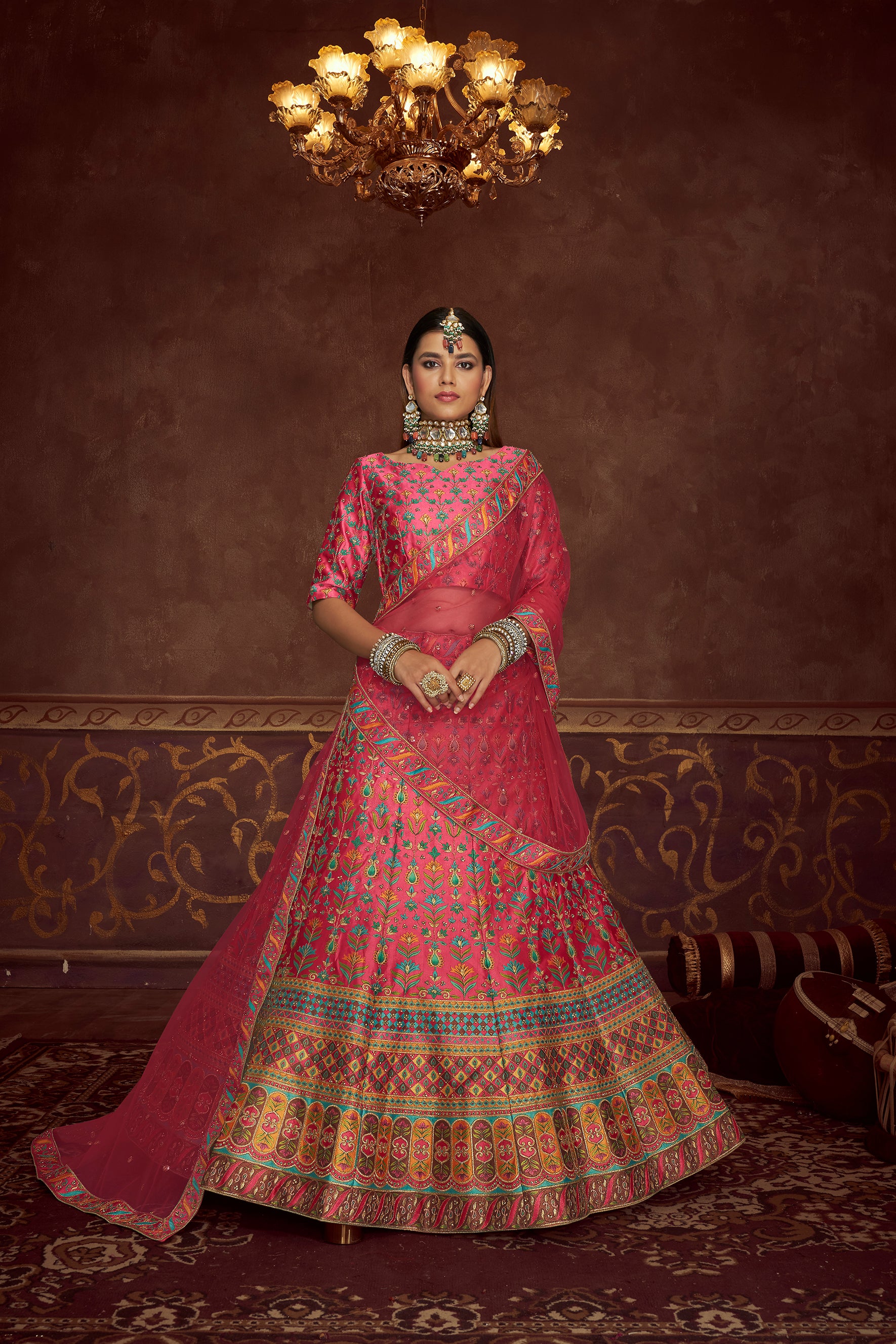 Women's Pink Art Silk Embroidery With Print And Diamond Lehenga Set - Shubhkala