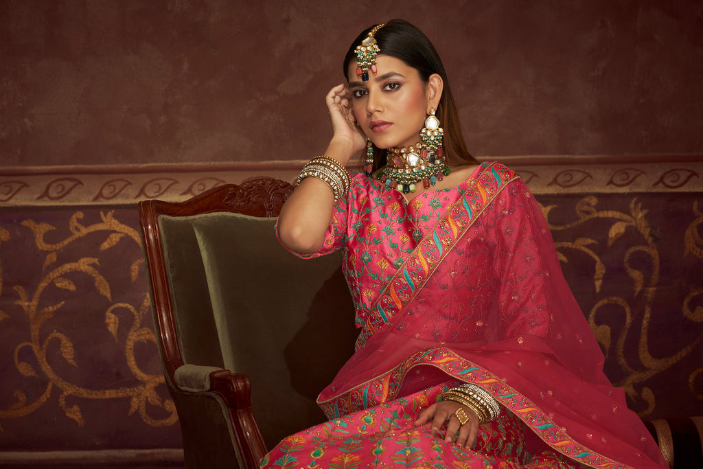 Women's Pink Art Silk Embroidery With Print And Diamond Lehenga Set