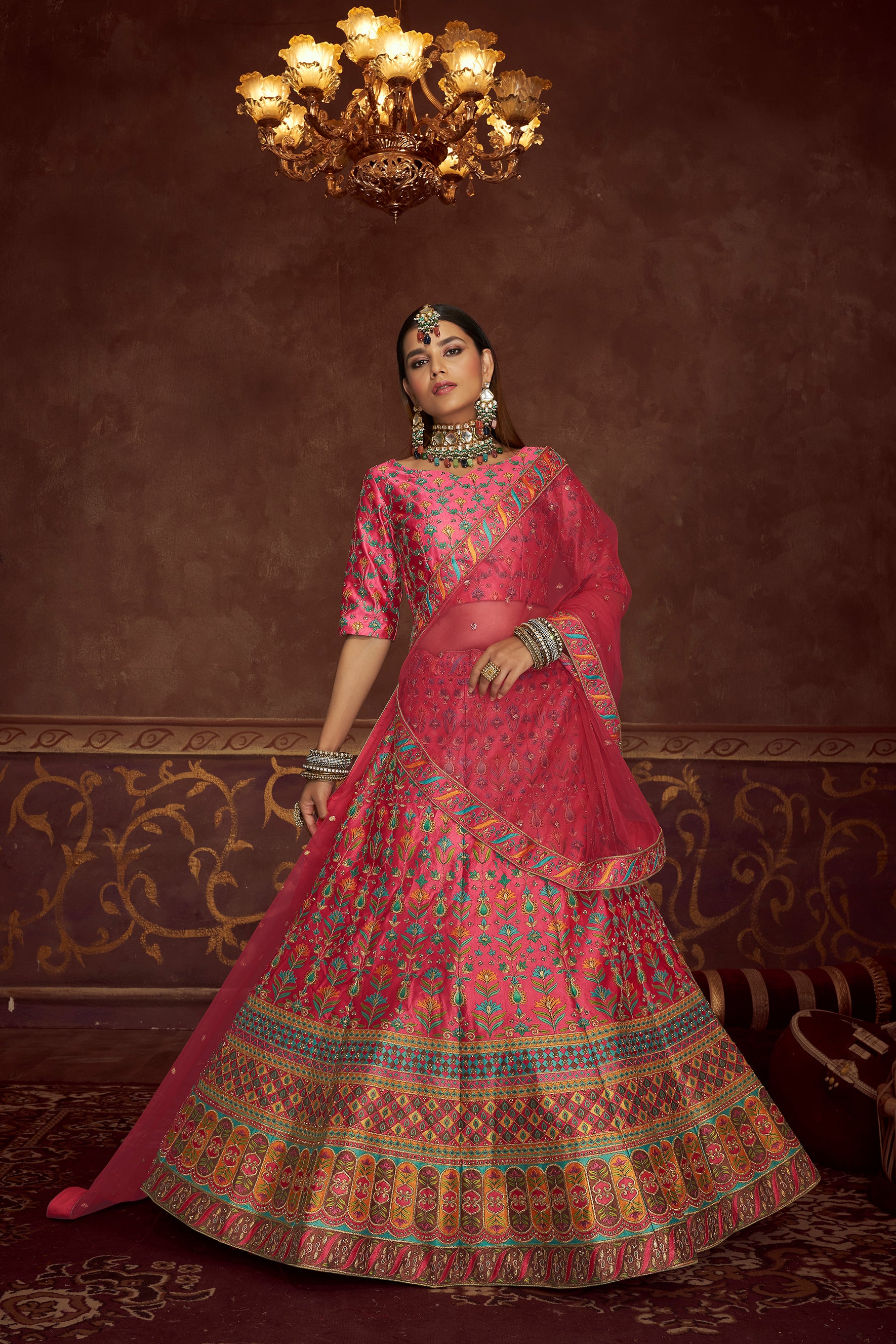 Women's Pink Art Silk Embroidery With Print And Diamond Lehenga Set - Shubhkala