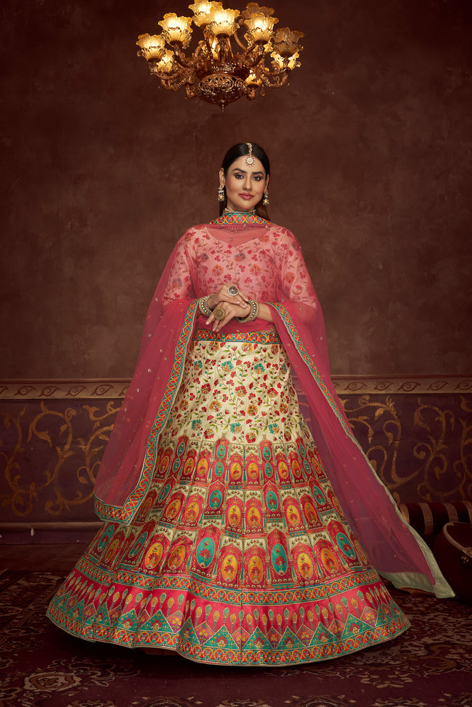 Women's Beige Art Silk Print With Embroidery Lehenga Set